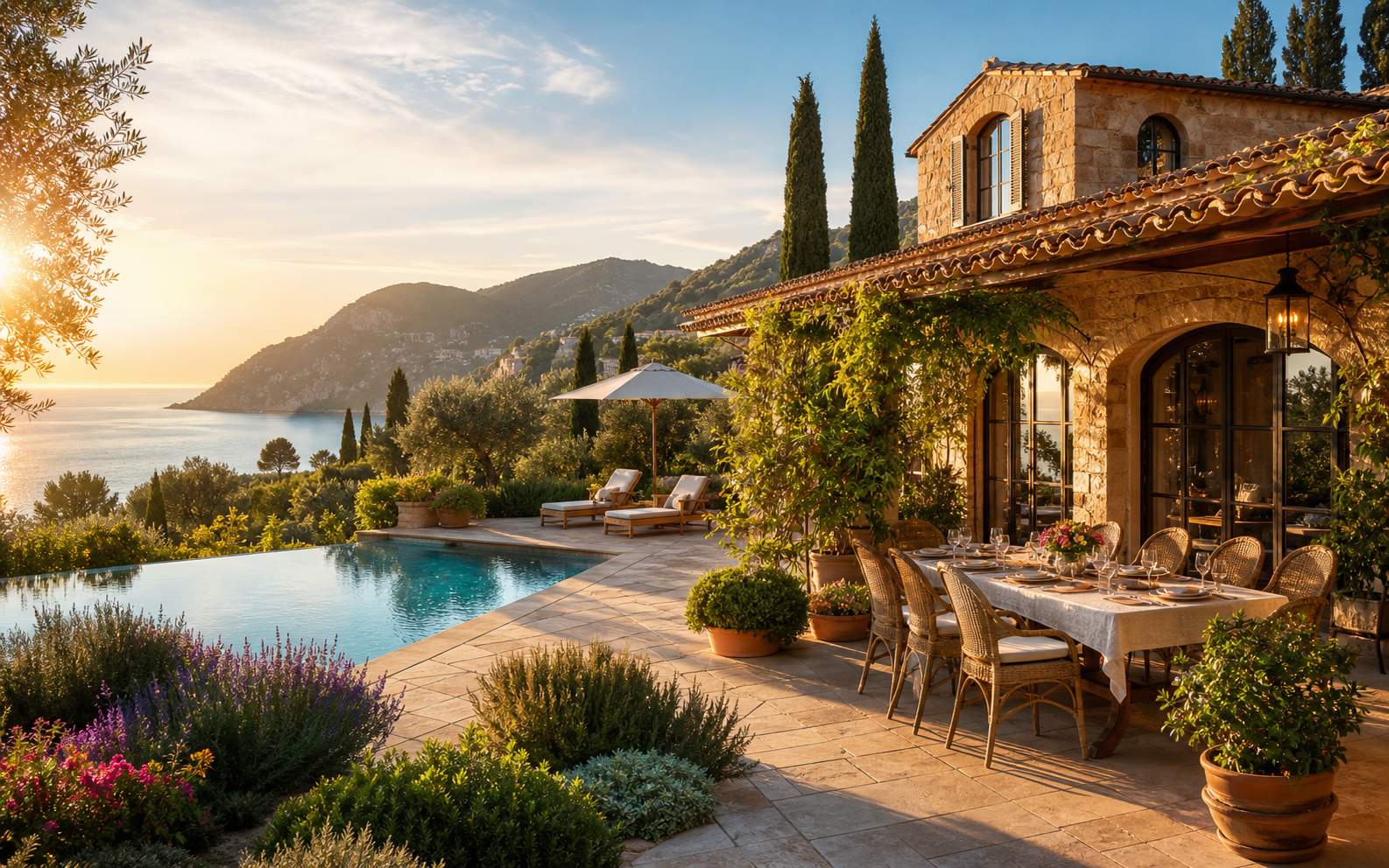 Italienische Villa an der Küste mit Pool und Meerblick